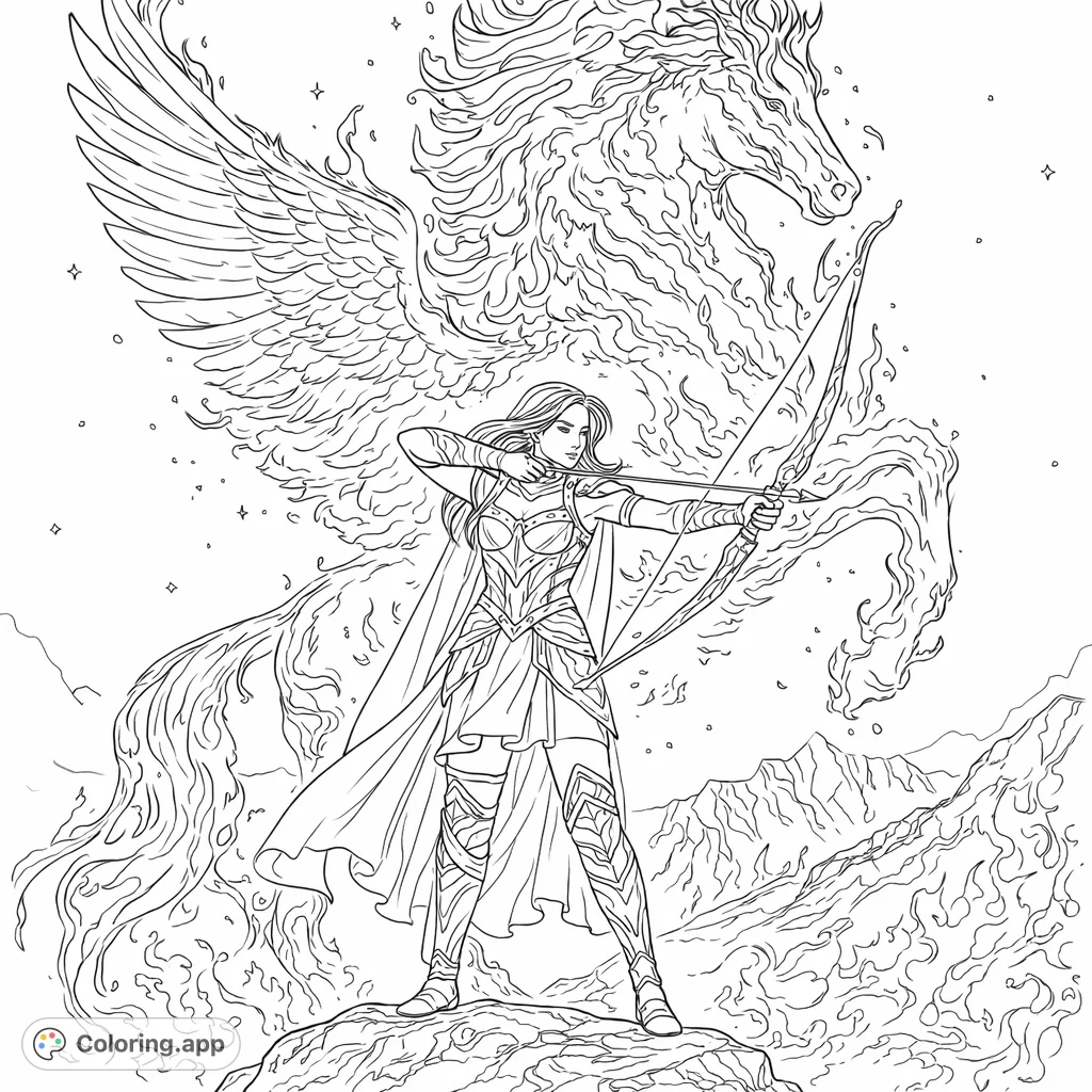 A powerful archer stands ready with a bow, backed by a magnificent winged equine creature, in a dynamic fantasy scene perfect for a captivating coloring page.