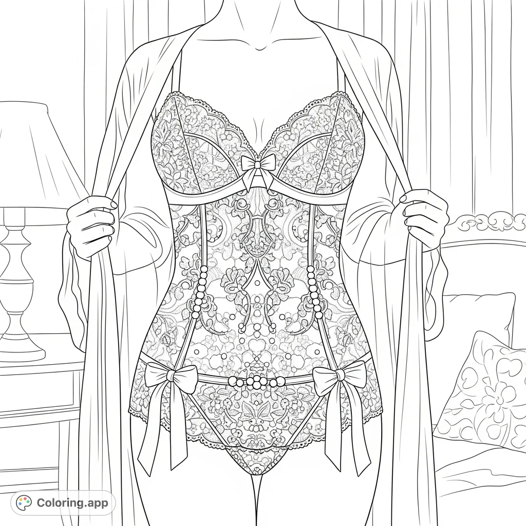 A captivating boudoir scene features a woman's torso framed by a sheer robe, revealing exquisite lace lingerie adorned with pearls and satin bows. A sophisticated design.
