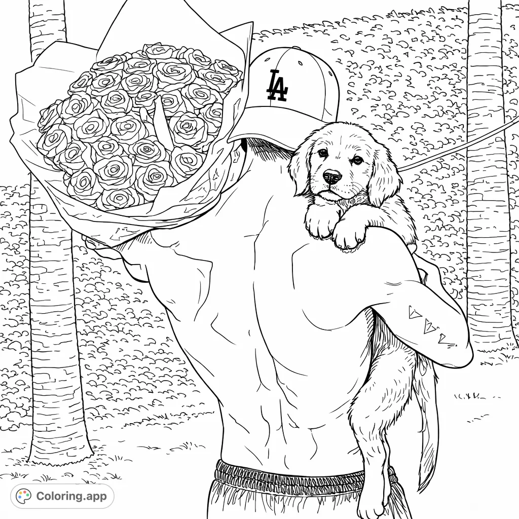 A heartwarming scene features a person carrying a giant bouquet of roses and a loyal puppy on their shoulder. A perfect blend of affection and natural beauty awaits your creative touch.