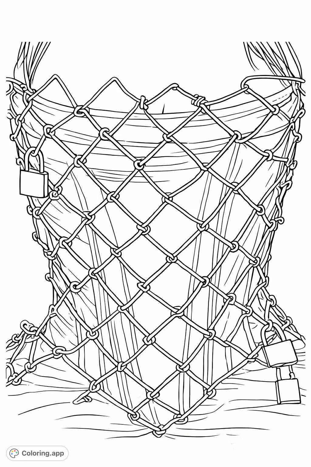 An edgy coloring page featuring a structured garment with an intricate chain-link overlay and detailed padlocks, perfect for adult fashion enthusiasts.