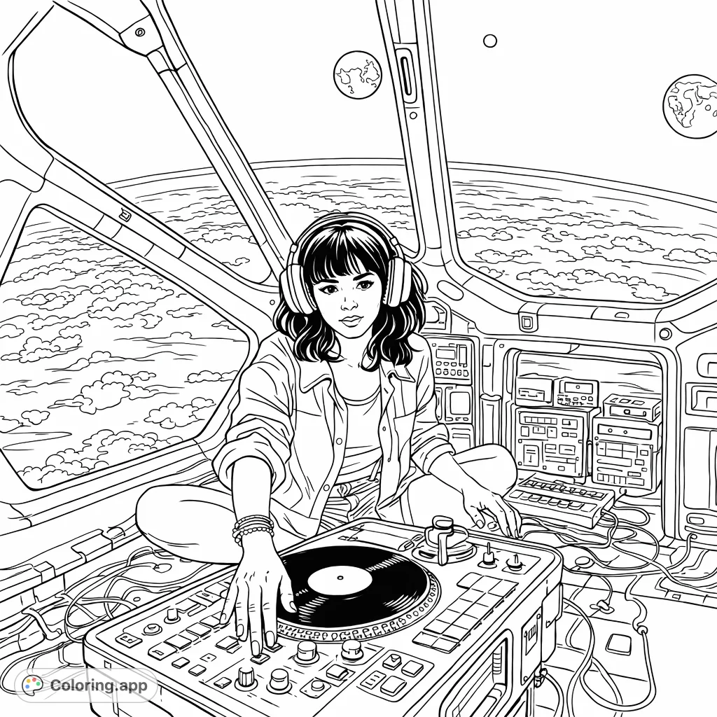 Color a dynamic scene of a space DJ mixing tracks from a futuristic cockpit. Features intricate controls, a view of Earth, and celestial bodies for a unique cosmic adventure.