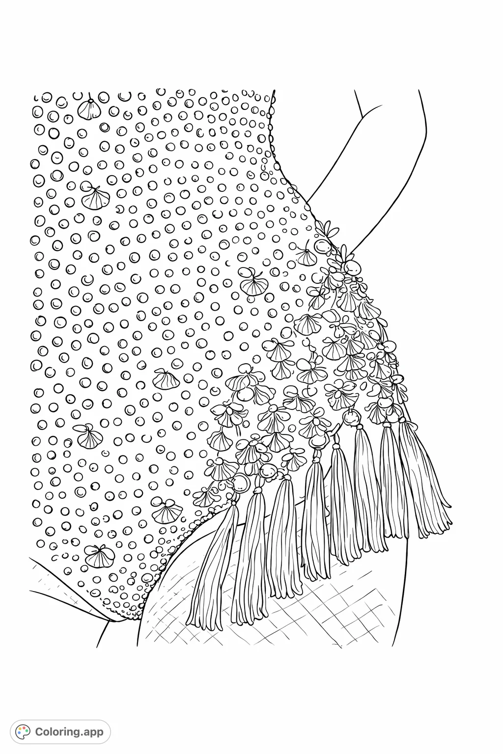 Dive into intricate patterns and textures with this dazzling jeweled garment detail coloring page, featuring sparkling elements, shell-like shapes, and flowing tassels.