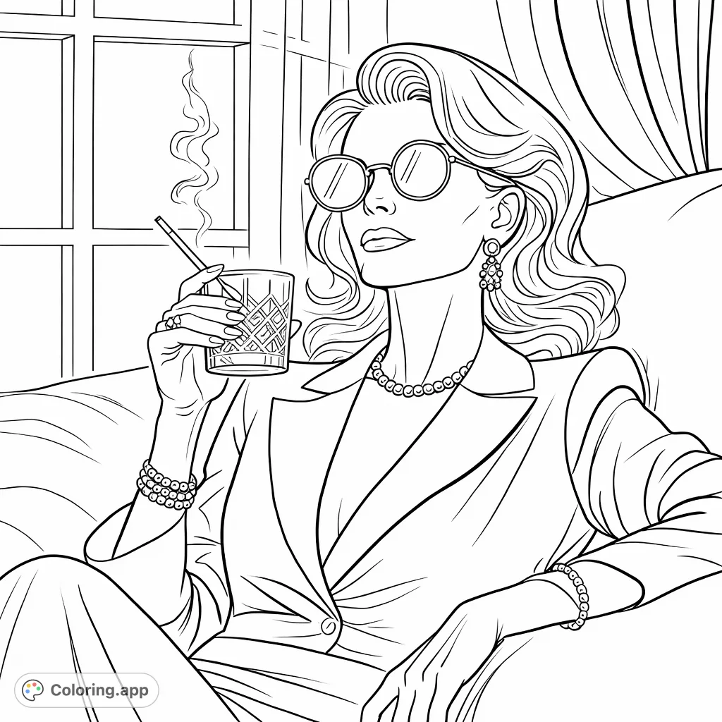 Capture the sophisticated allure of a woman in round sunglasses and a stylish suit, enjoying a moment of relaxation with a drink and cigarette.
