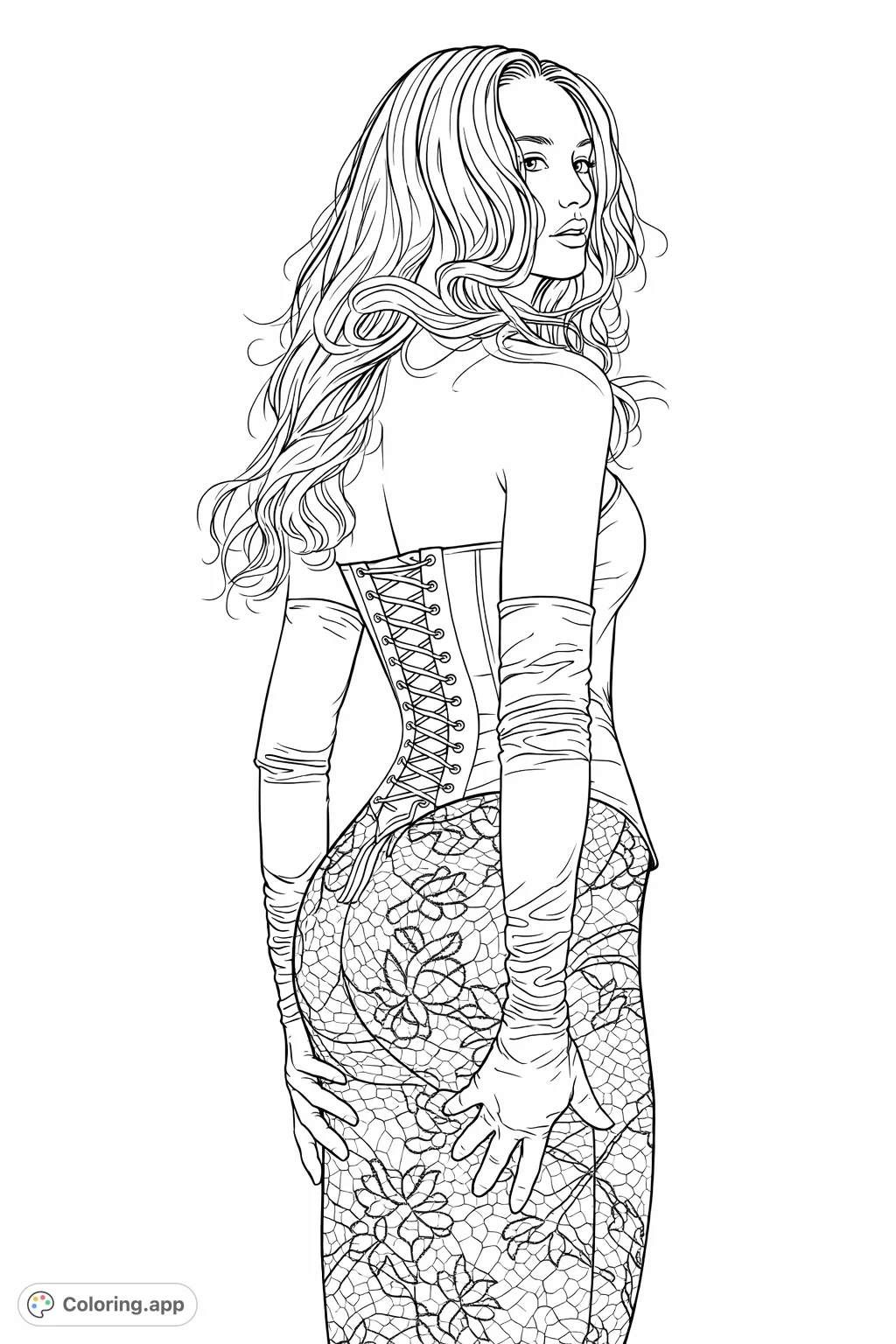 A stylish woman in a detailed corset, long gloves, and intricate lace hosiery, turning to gaze over her shoulder. A captivating fashion-inspired coloring page.