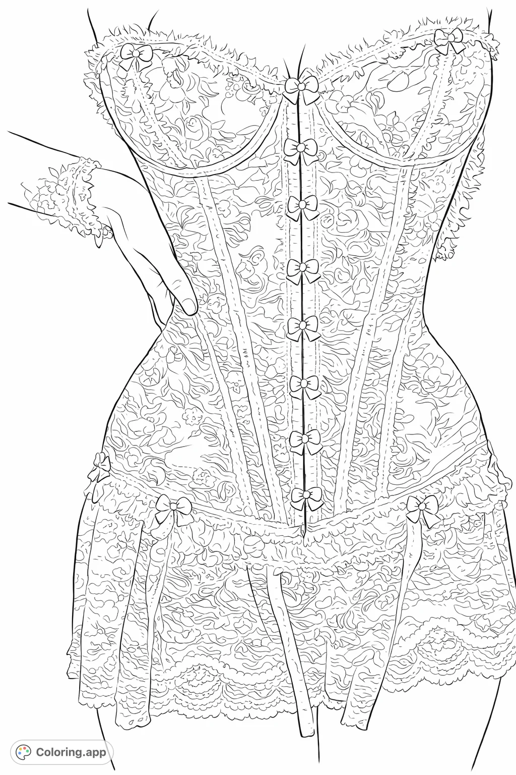 An elegant coloring page featuring a detailed strapless corset with floral patterns and delicate lace, paired with a short, ruffled lace skirt. Perfect for fashion enthusiasts.