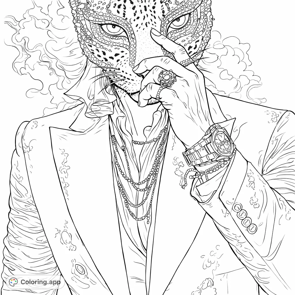 An enigmatic figure in a jeweled big cat mask and formal attire, adorned with elaborate accessories, emerging from a smoky backdrop. A truly sophisticated coloring challenge.