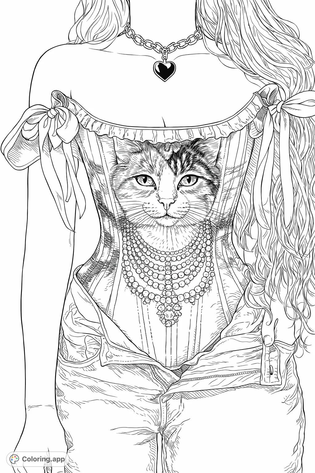 An intricately detailed coloring page of a person in a corset featuring a majestic cat face with a grand necklace, accented by ribbons.