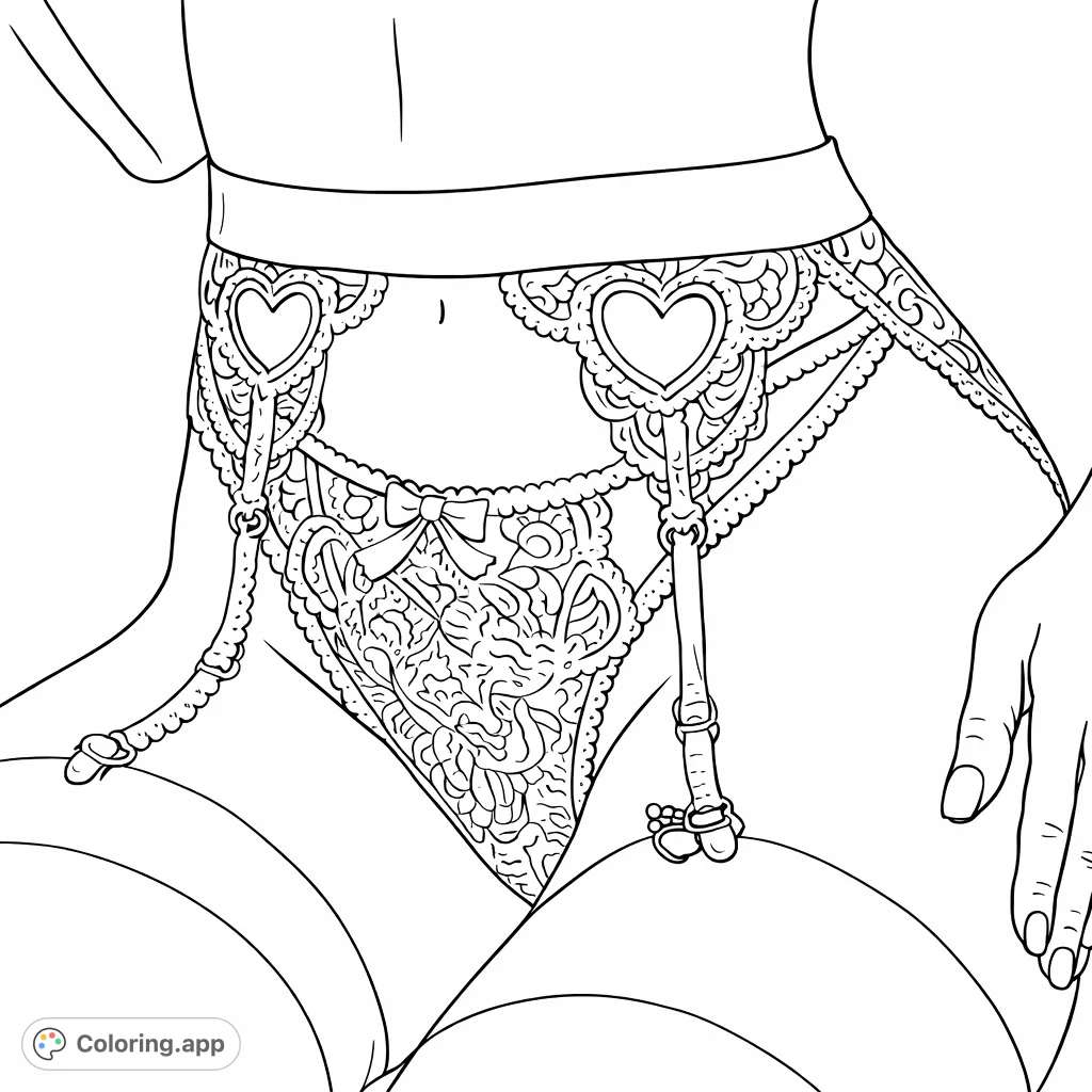 An exquisite lingerie coloring page featuring a highly detailed lace garter belt with heart cutouts and delicate patterns. Perfect for adult colorists.