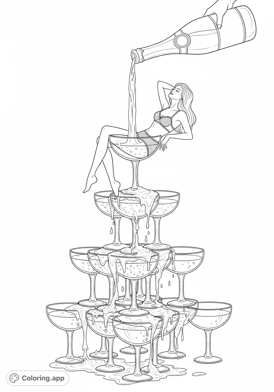 An alluring woman in lingerie strikes a pose within the pinnacle glass of a cascading champagne tower, as a bottle pours liquid over the elegant structure.
