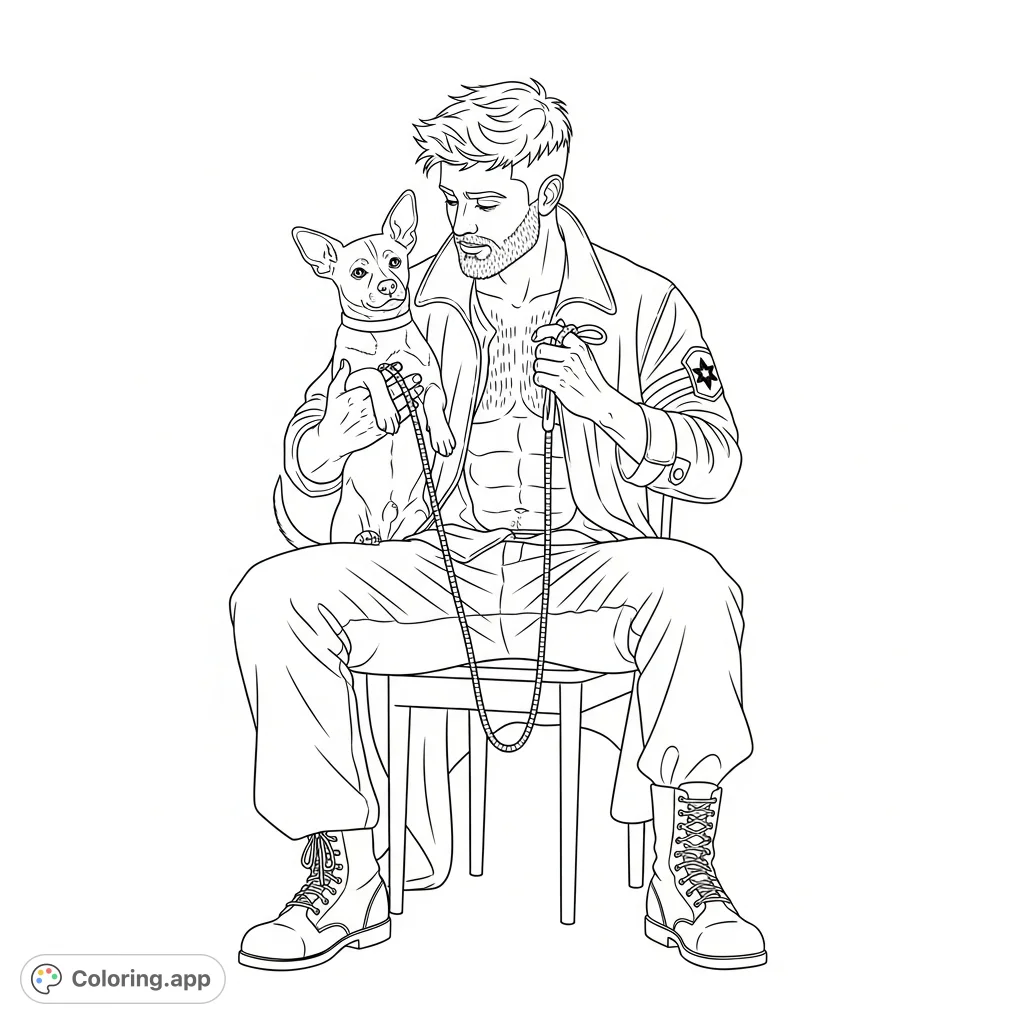 A detailed coloring page depicting a rugged man with a short beard, muscular torso, and detailed clothing, gently cradling a small, short-haired dog.