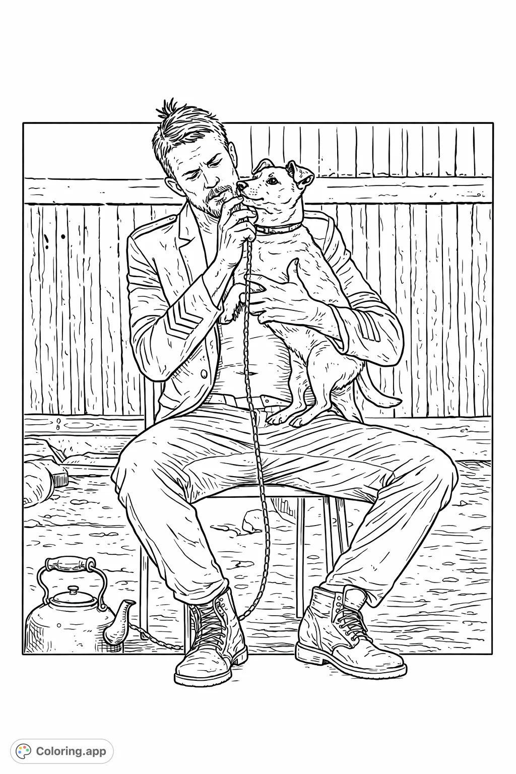 An intimate man and dog coloring page, perfect for adults and teens. Features a rugged man tenderly holding his loyal canine companion.