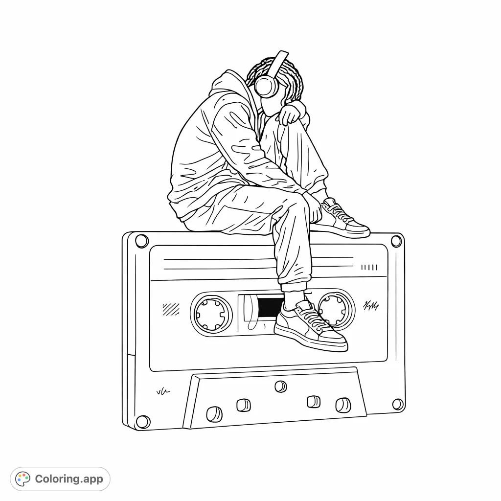 A striking coloring page featuring a person in headphones, contemplatively seated on a giant retro audio cassette tape, perfect for music enthusiasts.