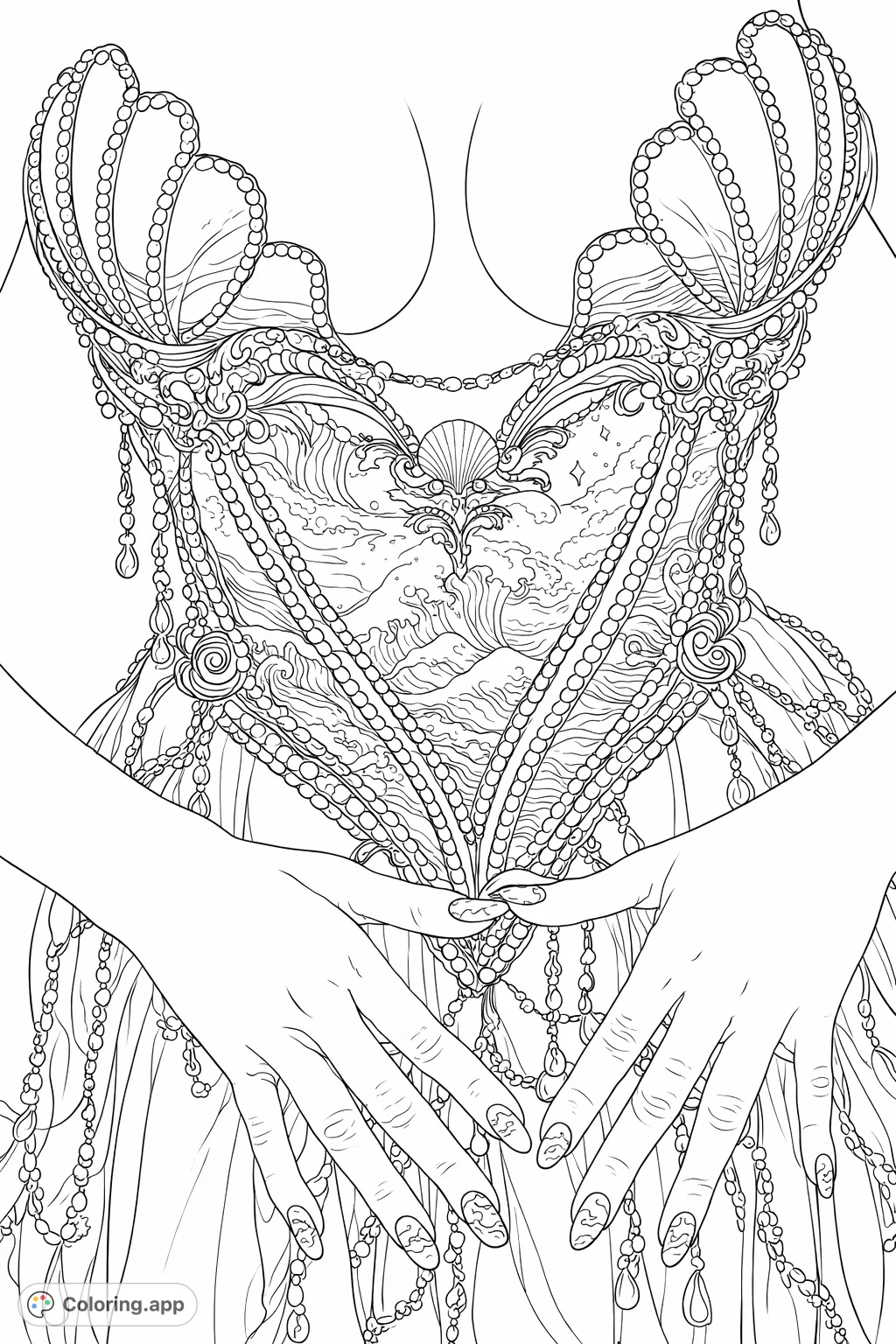 Dive into ocean elegance with this intricate mermaid-inspired corset. Featuring dynamic waves, delicate seashells, and cascading pearls, it's a stunning marine fantasy.