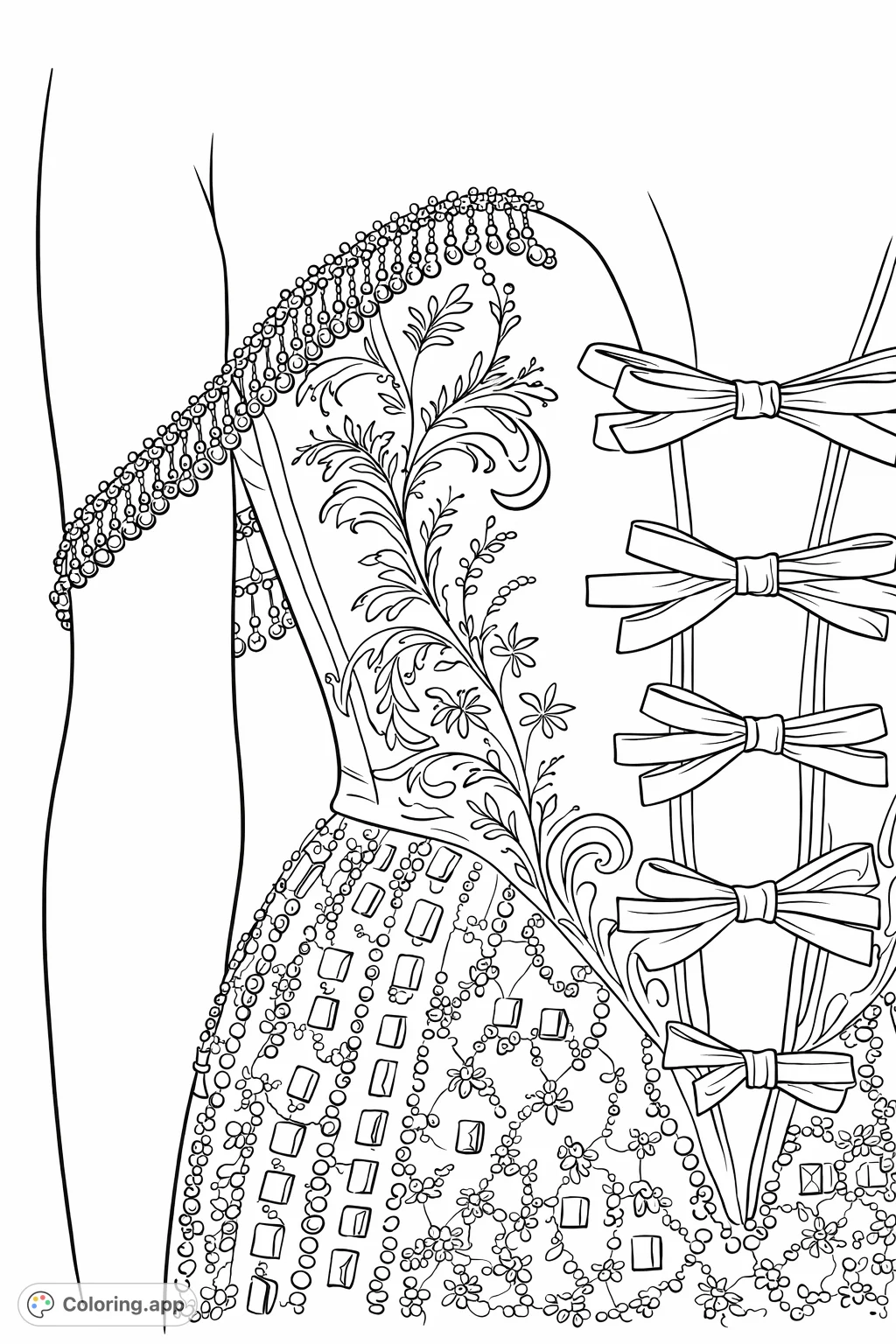 An exquisite coloring page featuring an ornate gown with detailed floral embroidery, delicate beaded straps, and intricate bows. Perfect for fashion enthusiasts.