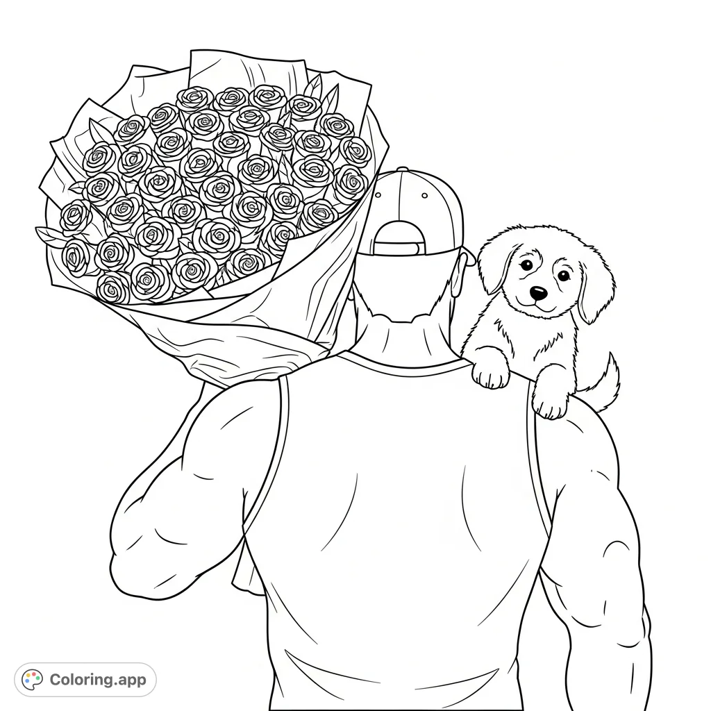 Discover a unique coloring page featuring a muscular man carrying a large bouquet of roses and a fluffy puppy. A charming blend of strength and tenderness awaits!