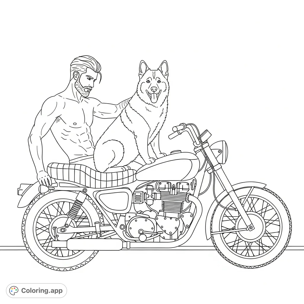 A detailed coloring page featuring a shirtless man with a defined physique on a vintage motorcycle, accompanied by a furry dog.