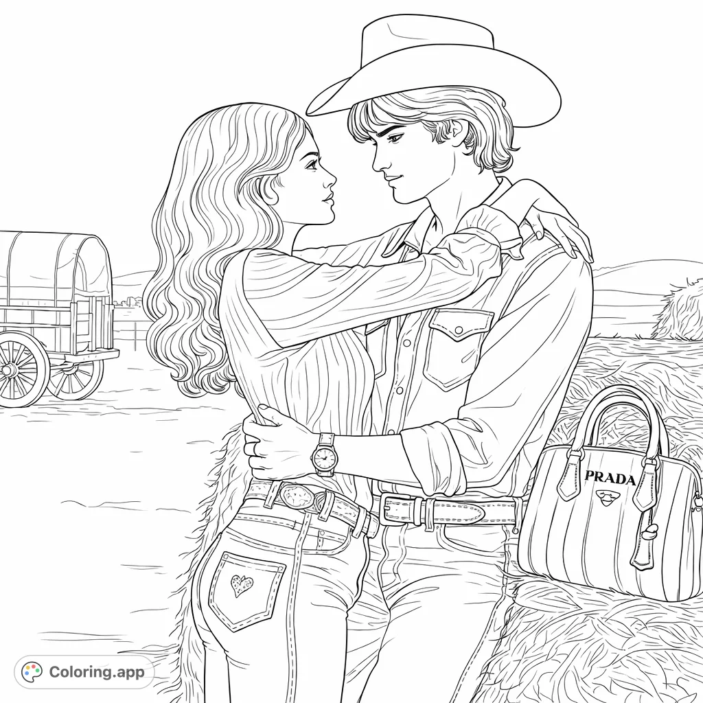 A tender moment between a cowboy and a woman embracing in a rustic setting with hay bales and an old wagon, offering a charming western coloring page.
