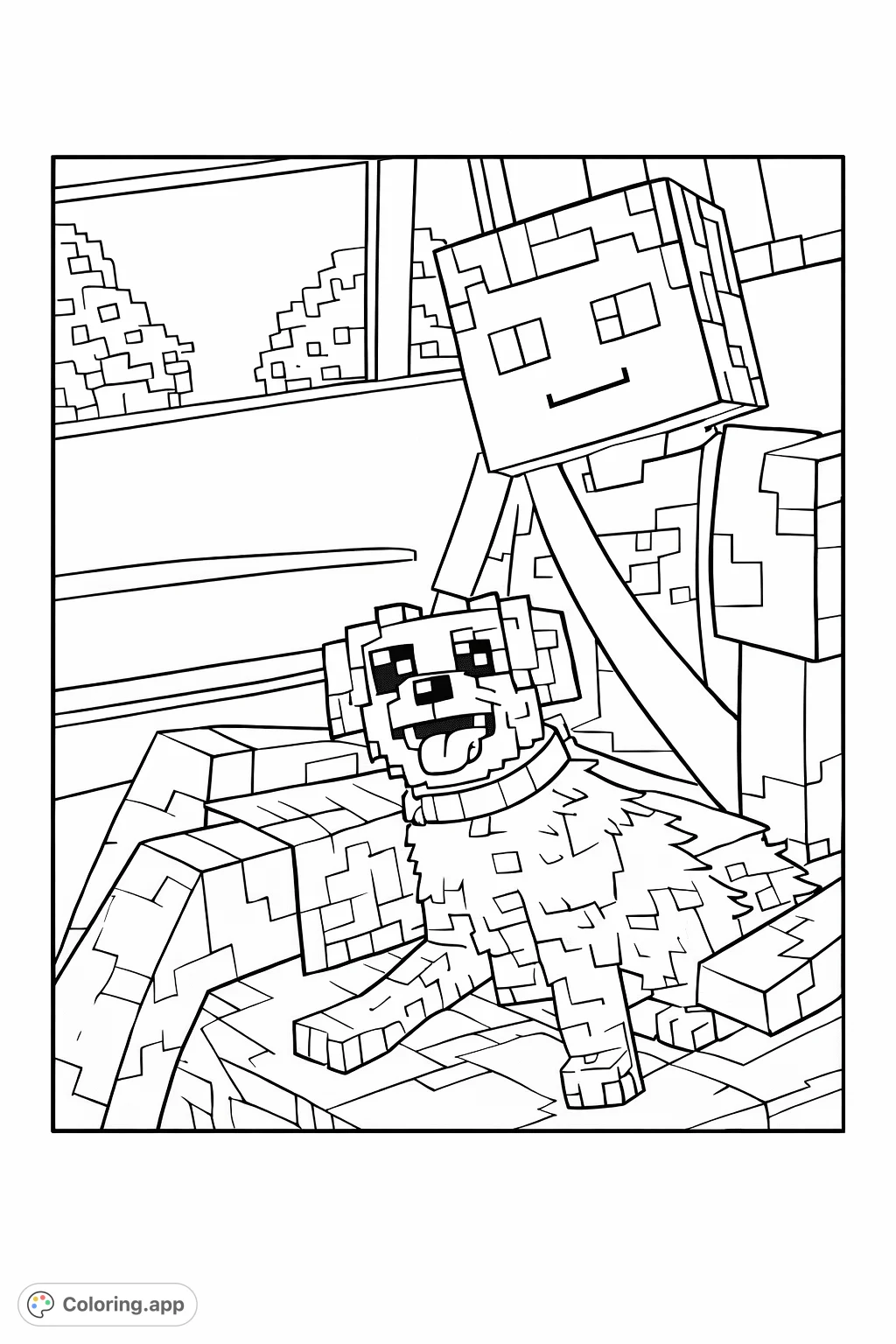 A block-style character and their cheerful pixelated dog embark on a vehicle adventure, set against a blocky landscape, perfect for coloring fun.