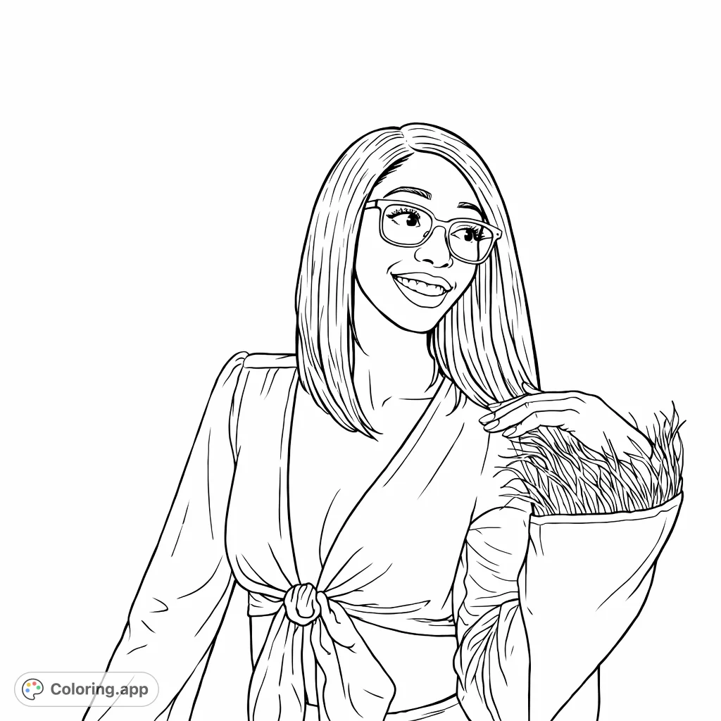 Color a portrait of a stylish woman with glasses, a tie-front top with feather cuffs, and a gentle smile, offering a chic coloring experience.