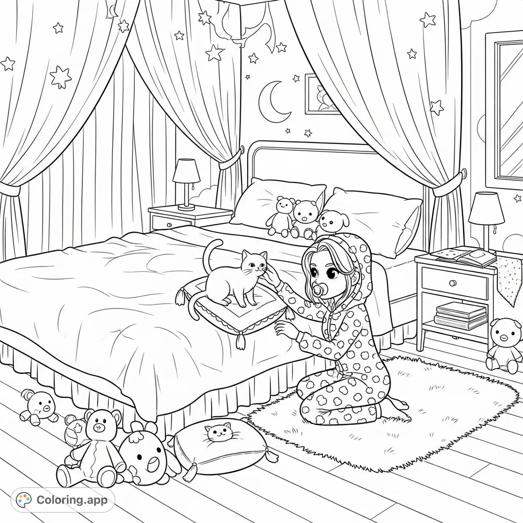 A comforting bedroom scene featuring a young adult woman with her cat, surrounded by plush toys and soft furnishings. Ideal for relaxation and personal expression.