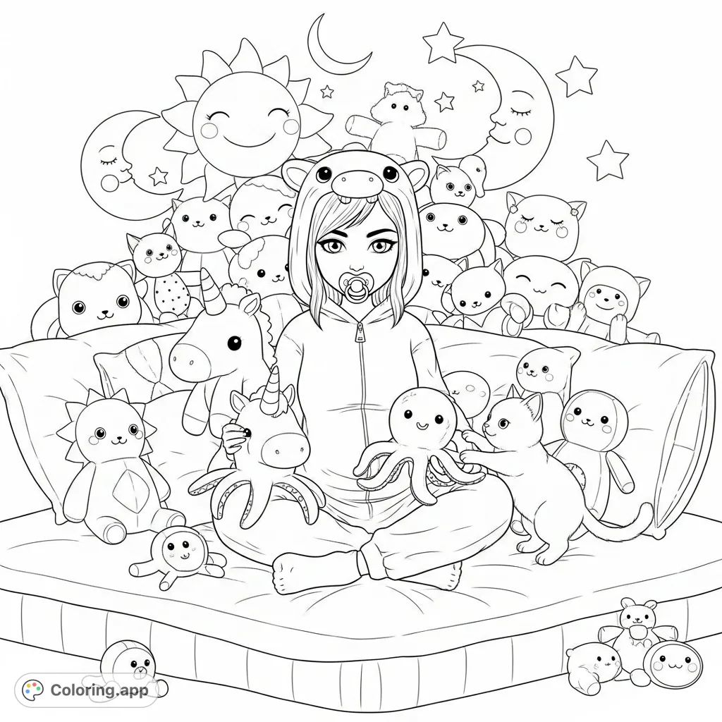 Immerse yourself in a whimsical scene featuring a young woman in an animal onesie, surrounded by a playful assortment of plushies and a curious cat on a cozy bed.