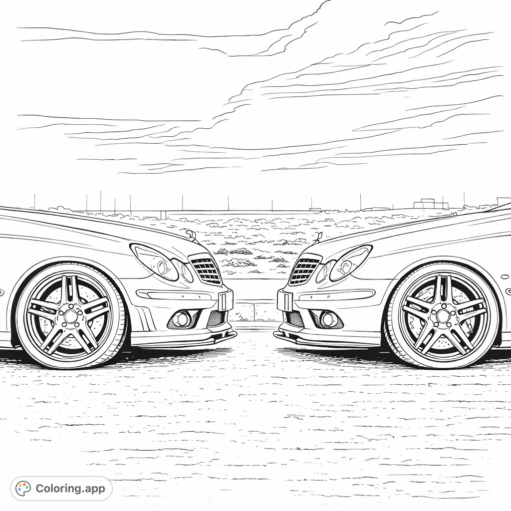 Two sleek luxury sedans face each other in a powerful, symmetrical composition, showcasing detailed designs and an open landscape backdrop. Perfect for car enthusiasts.