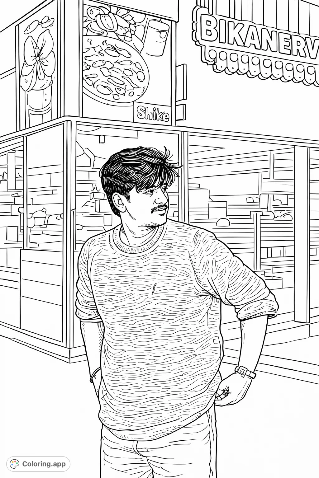 Color a stylish young man posing in a vibrant urban night scene with illuminated signs and reflections. A detailed street style coloring page.