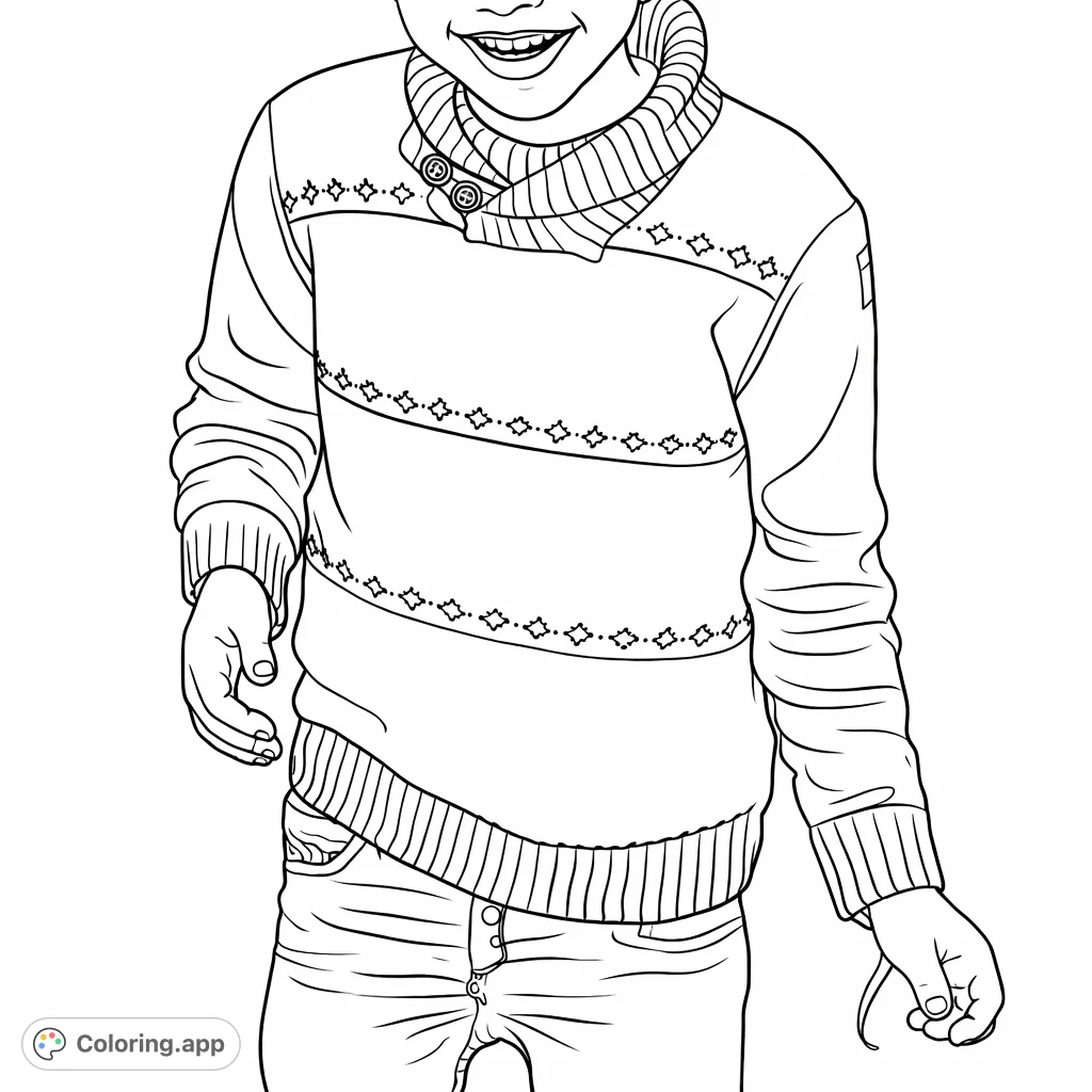 Color a charming child in a cozy, striped sweater with geometric patterns and a stylish shawl collar. A delightful fashion coloring page for all ages.