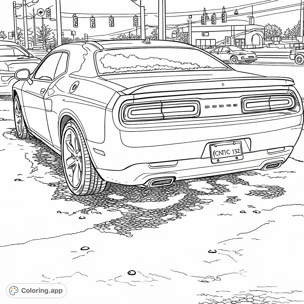Color this striking muscle car, partially covered in snow, parked at a dealership. Features dynamic lines and detailed background elements for an engaging experience.