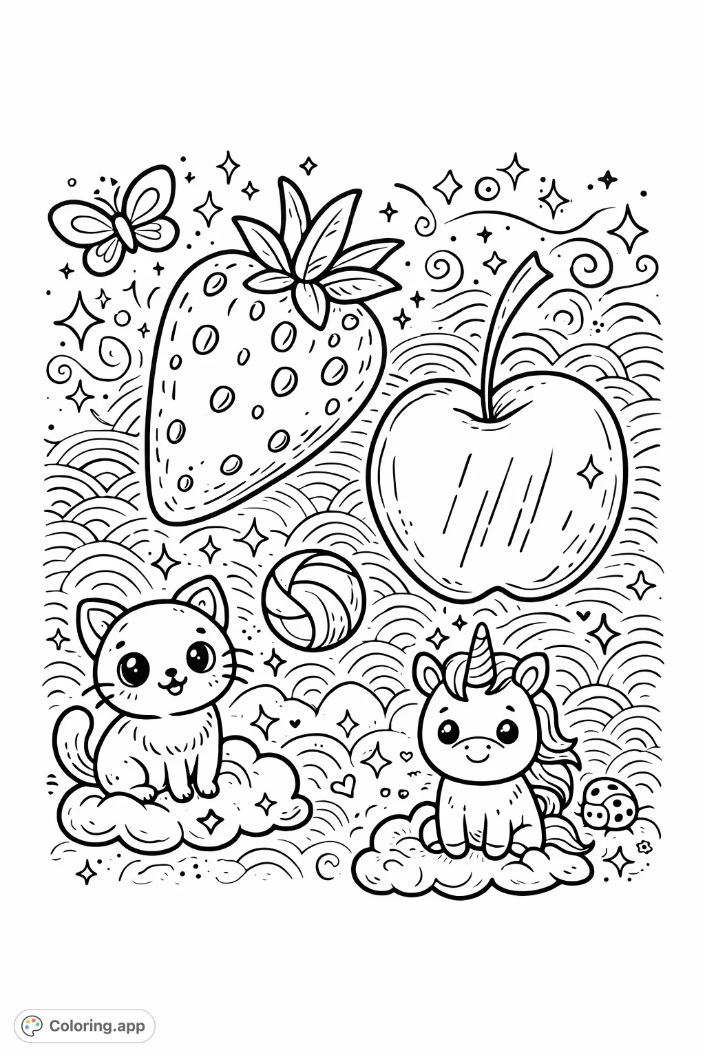 Discover a magical harvest scene with playful produce, pet companions, and mystical elements. A fun fantasy coloring page for all ages.