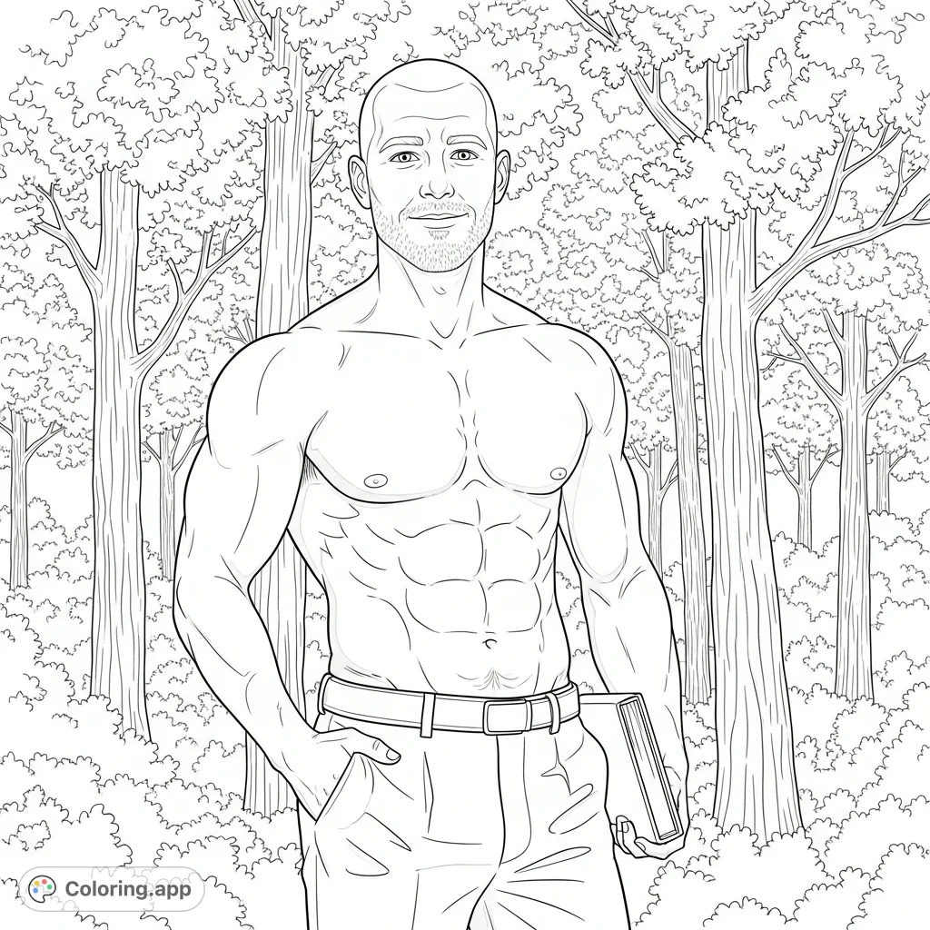 Color a powerful muscular man with a detailed physique in a serene outdoor setting. Features well-defined anatomy and lush foliage background.