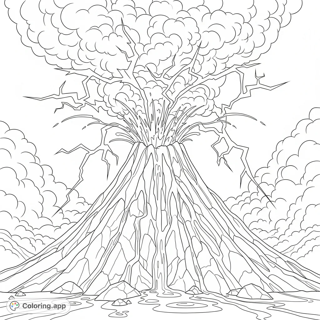 A dramatic volcano eruption coloring page featuring towering smoke plumes, jagged lightning bolts, and flowing molten rock. A powerful, free printable scene.