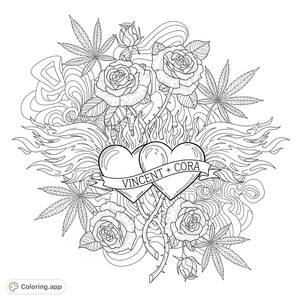 Explore a unique trippy hearts coloring page featuring flaming hearts, beautiful roses, intertwined cannabis leaves, and abstract patterns.