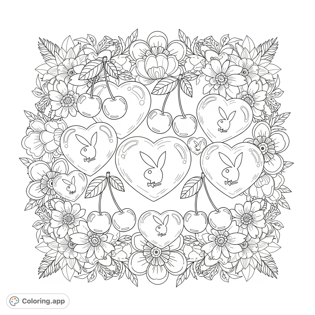 An exquisite coloring page featuring elaborate flowers framing a central collection of bubble hearts, cute Playboy bunny head hearts, and sweet cherries.
