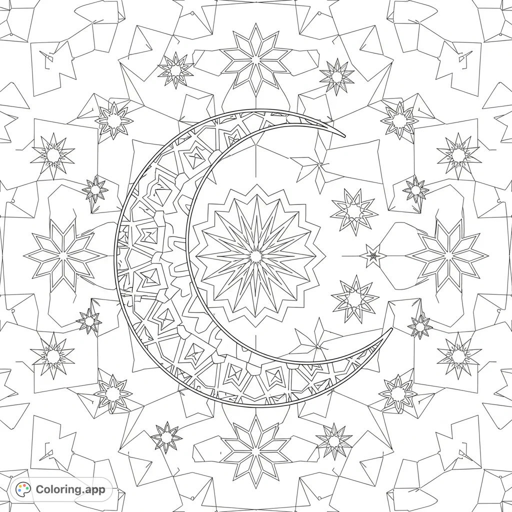 Explore a captivating geometric moon coloring page featuring a crescent moon, intricate patterns, and scattered stars for a unique, structured celestial art experience.