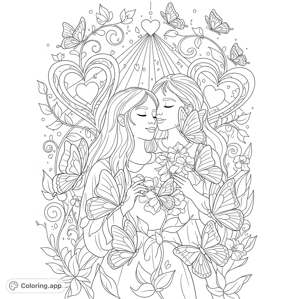 Discover a romantic and whimsical coloring page featuring joyful figures, swirling butterflies, and heart shapes. A free printable coloring page perfect for expressing deep affection.