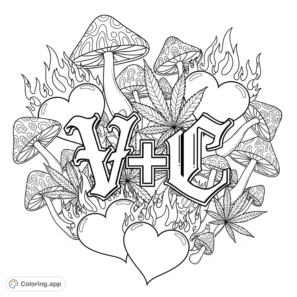 A dynamic gothic graffiti "V+C" surrounded by hearts with flames, distinctive marijuana leaves, and stylized, trippy mushrooms for an intricate adult coloring experience.