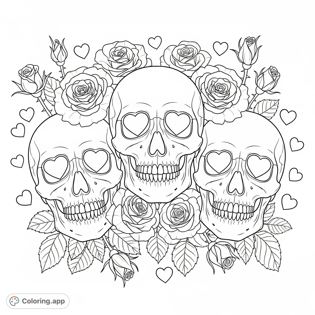 A unique coloring page featuring multiple skulls with distinctive heart-shaped eyes, surrounded by intricate roses and scattered charming hearts.