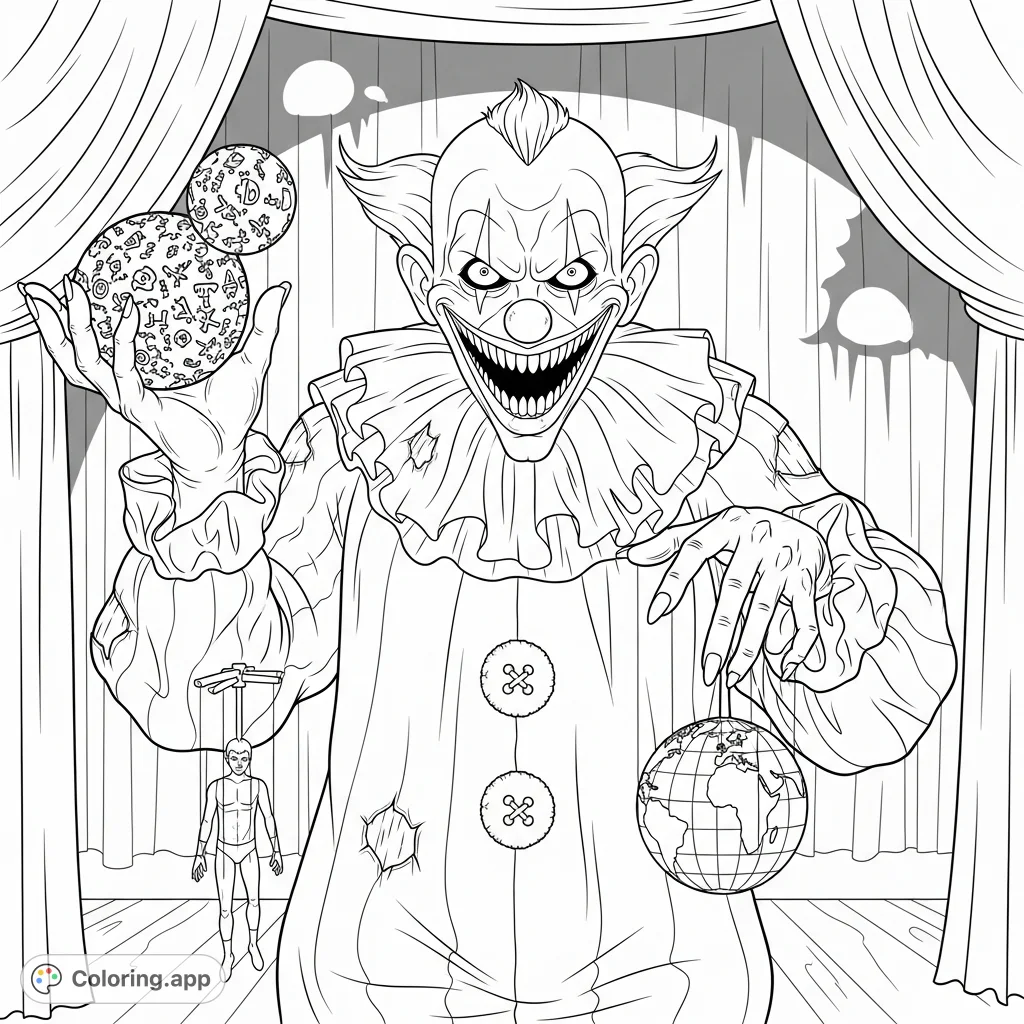 A haunting image of a crazed clown in a puppet master role, manipulating symbolic globes and a human figure against a desolate stage. Perfect for advanced colorists.