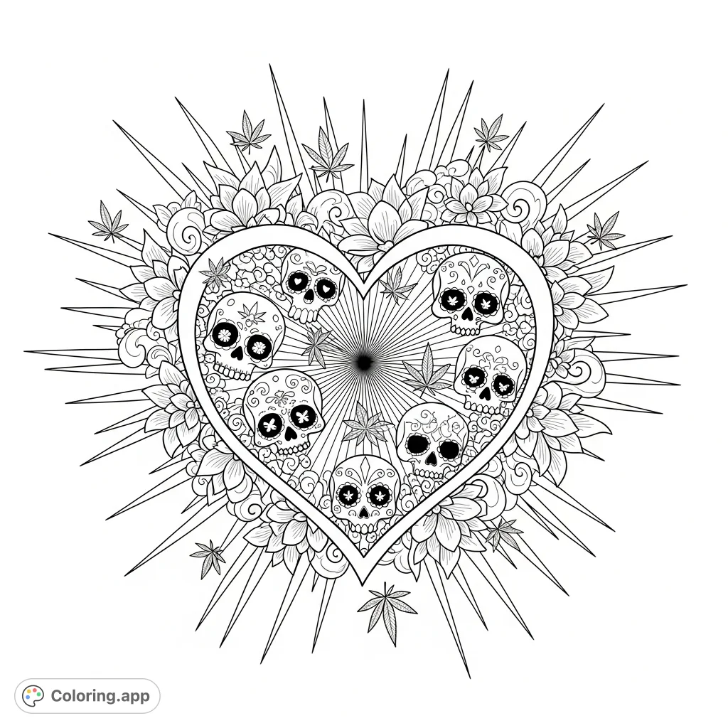 A visually striking heart design surrounded by intricate skulls, ornate flowers, and tiny leaves, perfect for an immersive coloring experience.