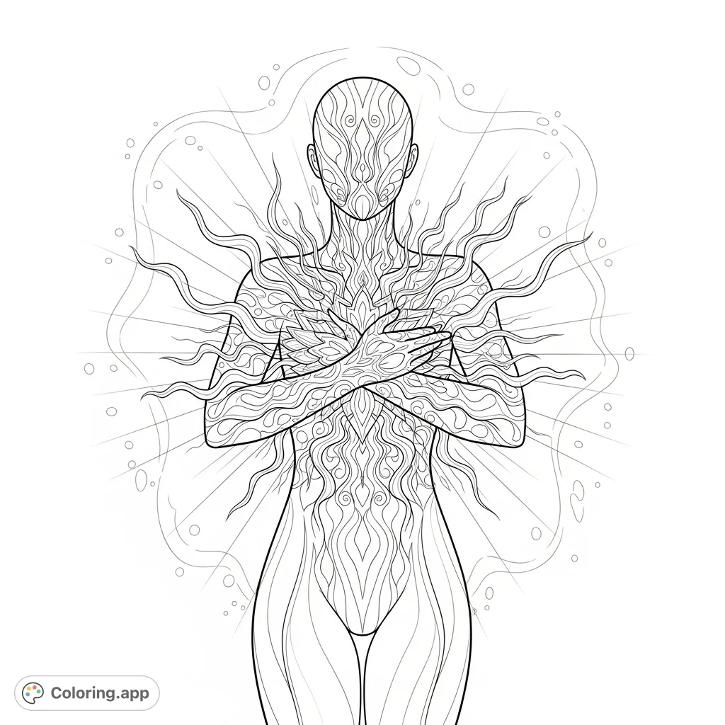 Explore the depths of inner passion with this captivating coloring page featuring a stylized figure radiating intense energy from its core. A journey of self-expression.