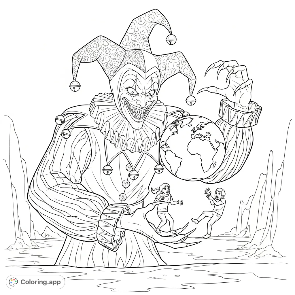 A sinister jester with clawed hands and sharp teeth juggles two tiny figures and the world in a shadowy setting. A challenging and intriguing page.