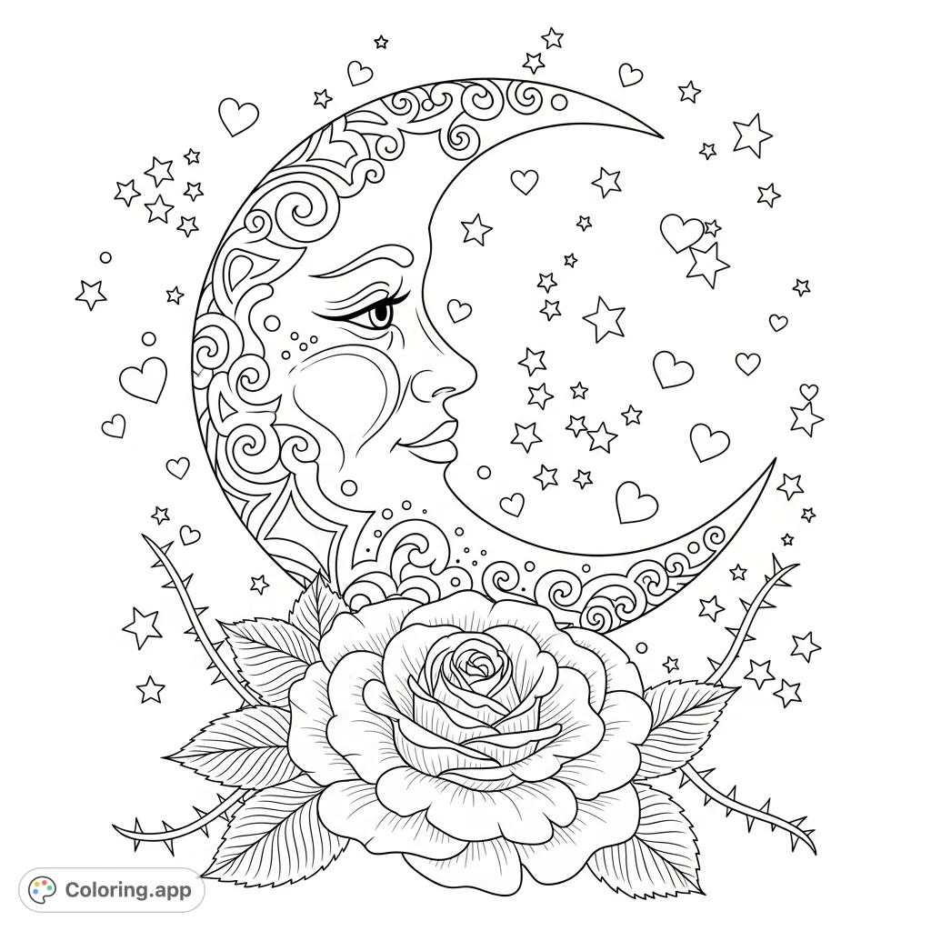 Unleash your creativity with this trippy crescent moon coloring page, featuring intricate patterns, scattered stars and hearts, and a beautiful decadent rose.