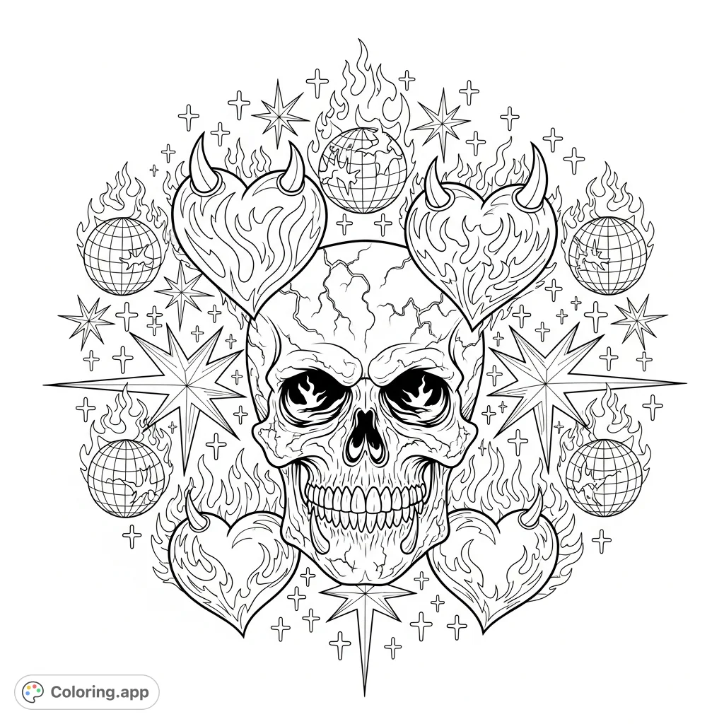 Explore a surreal scene featuring a detailed skull, intricate hearts, sharp stars, flaming globes, and tiny crosses. A complex, captivating design for creative expression.