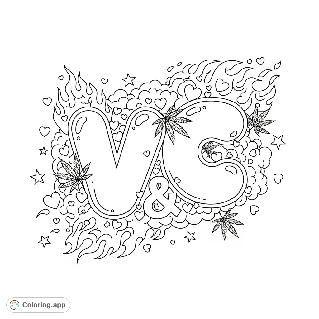 A captivating coloring page featuring bubble calligraphy letters 'V' and 'C' adorned with hearts, stars, cannabis leaves, and swirling fire and clouds.