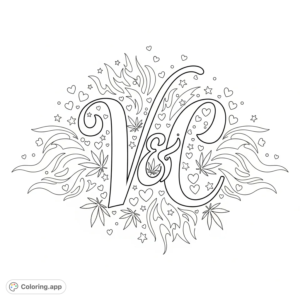 An elegant 'V+C' calligraphy design adorned with delicate hearts, stars, abstract flames, and petite marijuana leaves. A unique and intricate coloring page.