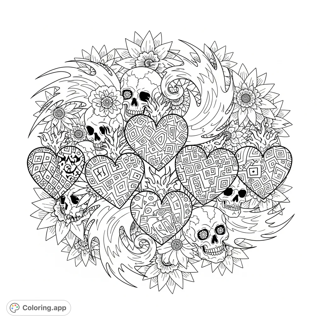 An edgy coloring page showcasing ornate hearts, fiery flames, intricate skulls, and stunning radiant flowers, perfect for expressive art and creative relaxation.