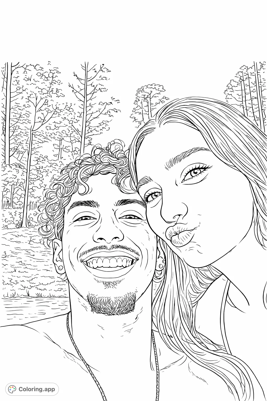 A close-up portrait featuring two individuals with contrasting expressions: one smiling broadly, the other playfully pouting, set against a natural outdoor backdrop.