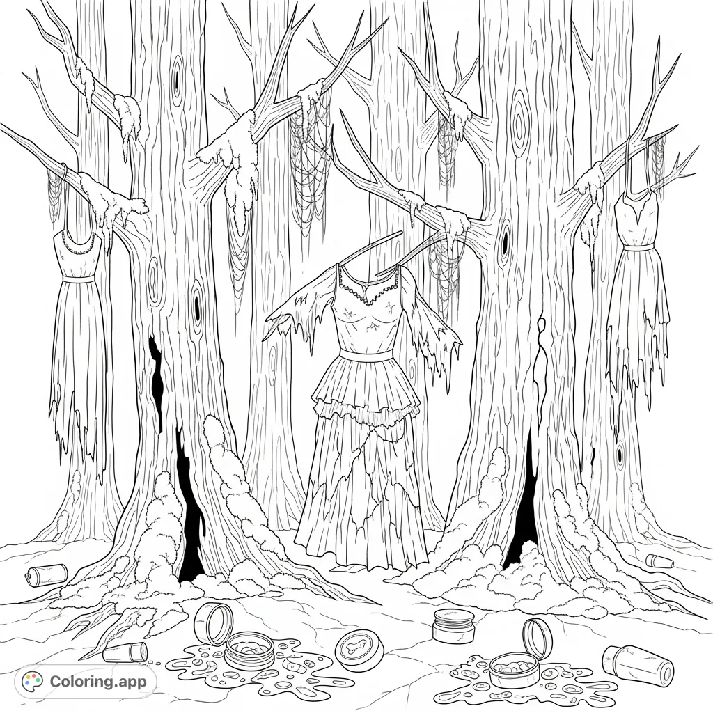 Explore a desolate forest where skeletal trees entwine with a tattered dress. Uncover forgotten cosmetic relics and unsettling figures emerging from ancient wood.