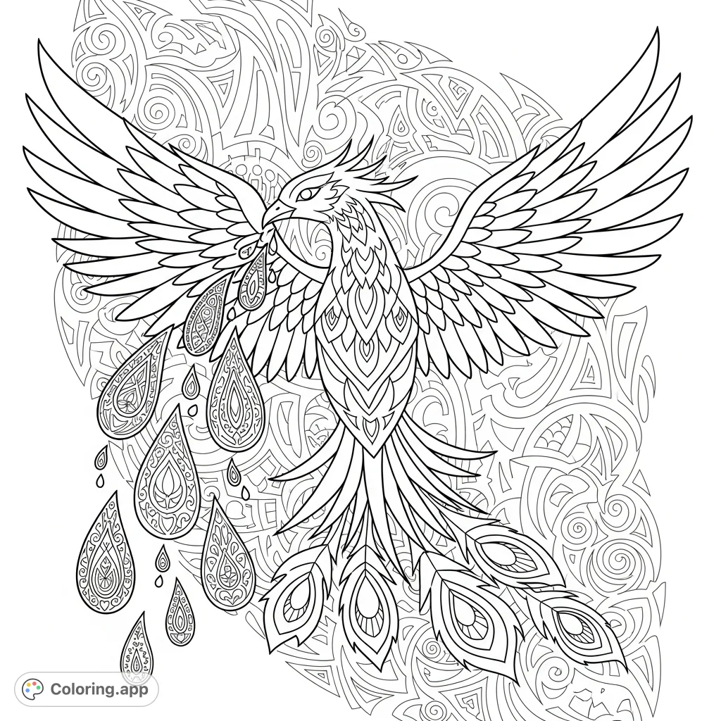 An intricate tribal phoenix with tears depicted as abstract patterns, soaring majestically. Perfect for adults seeking a unique, mythical coloring challenge.